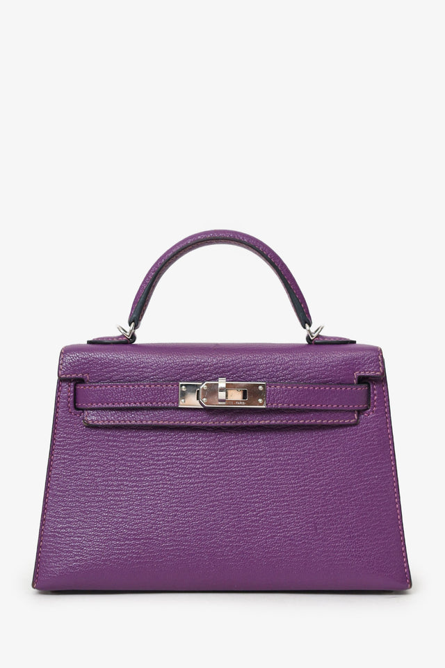 Hermes 2021 Violet/Blue Marine Mysore Chevre Leather Mini Kelly PHW With Strap