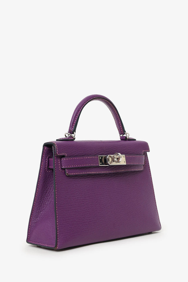 Hermes 2021 Violet/Blue Marine Mysore Chevre Leather Mini Kelly PHW With Strap