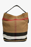 Burberry Brown/Black Linen/Leather Novacheck Studded Hobo Bag
