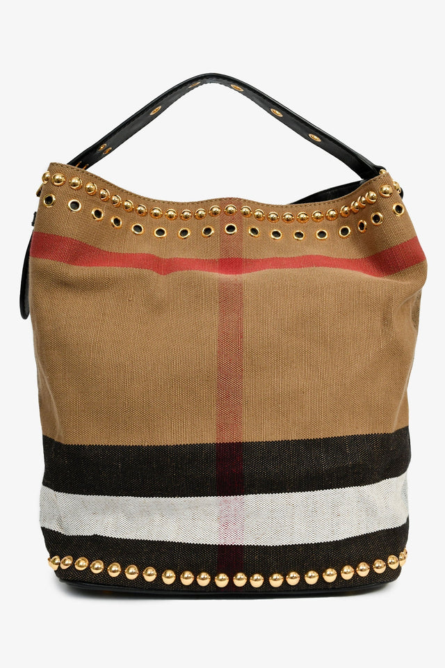 Burberry Brown/Black Linen/Leather Novacheck Studded Hobo Bag