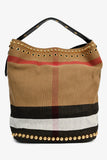 Burberry Brown/Black Linen/Leather Novacheck Studded Hobo Bag
