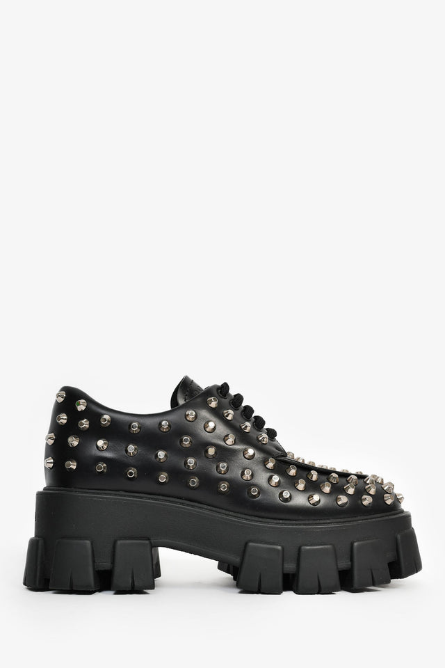 Prada Black Brushed Leather Studded Platform Loafers Size 35