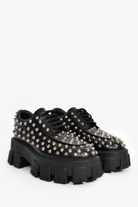Prada Black Brushed Leather Studded Platform Loafers Size 35