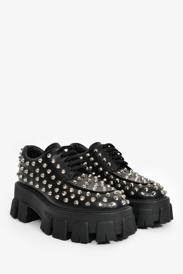 Prada Black Brushed Leather Studded Platform Loafers Size 35