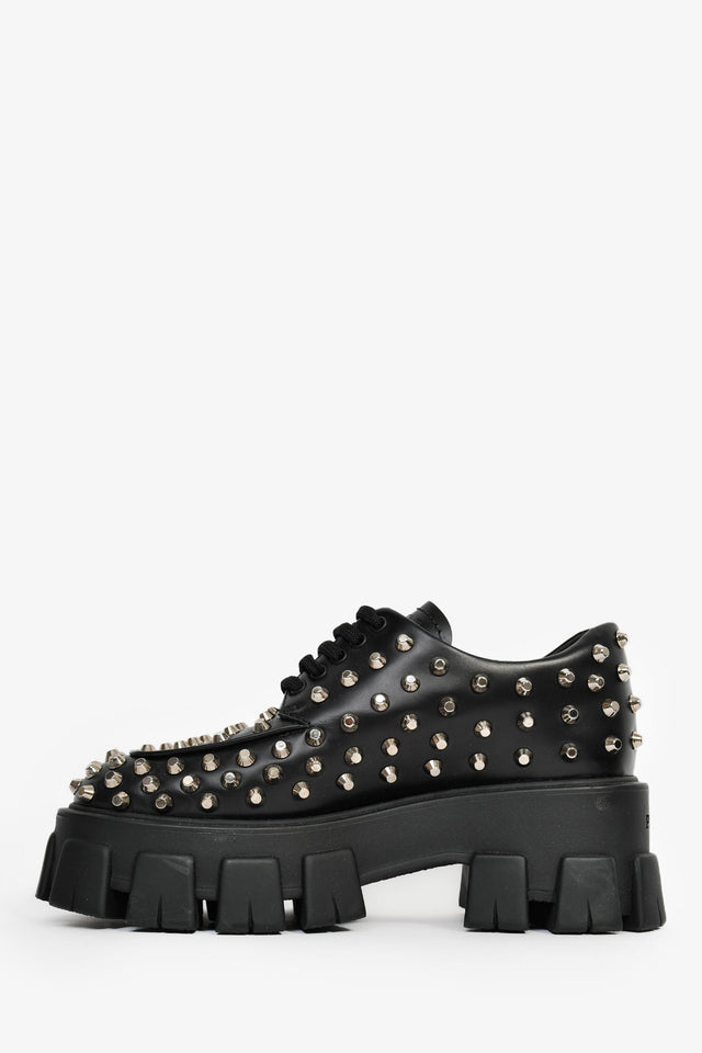 Prada Black Brushed Leather Studded Platform Loafers Size 35