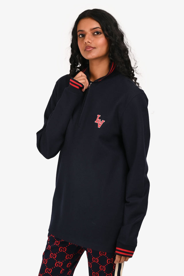 Louis Vuitton 2017 Navy/Red Wool Long Sleeve Polo Top Size M