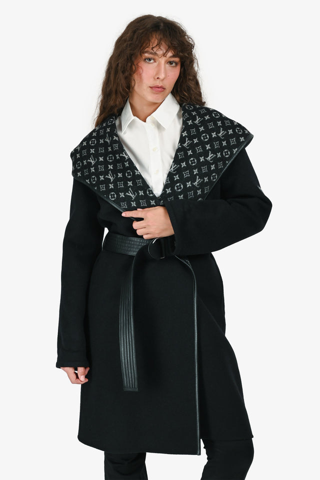 Louis Vuitton Black Wool Mongram Belted Long Coat Size 32