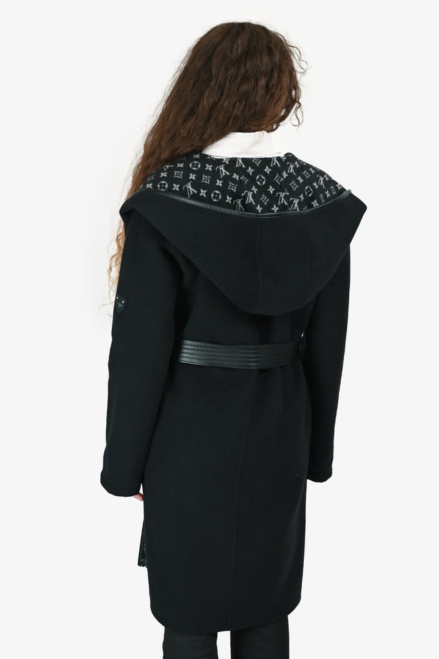 Louis Vuitton Black Wool Mongram Belted Long Coat Size 32