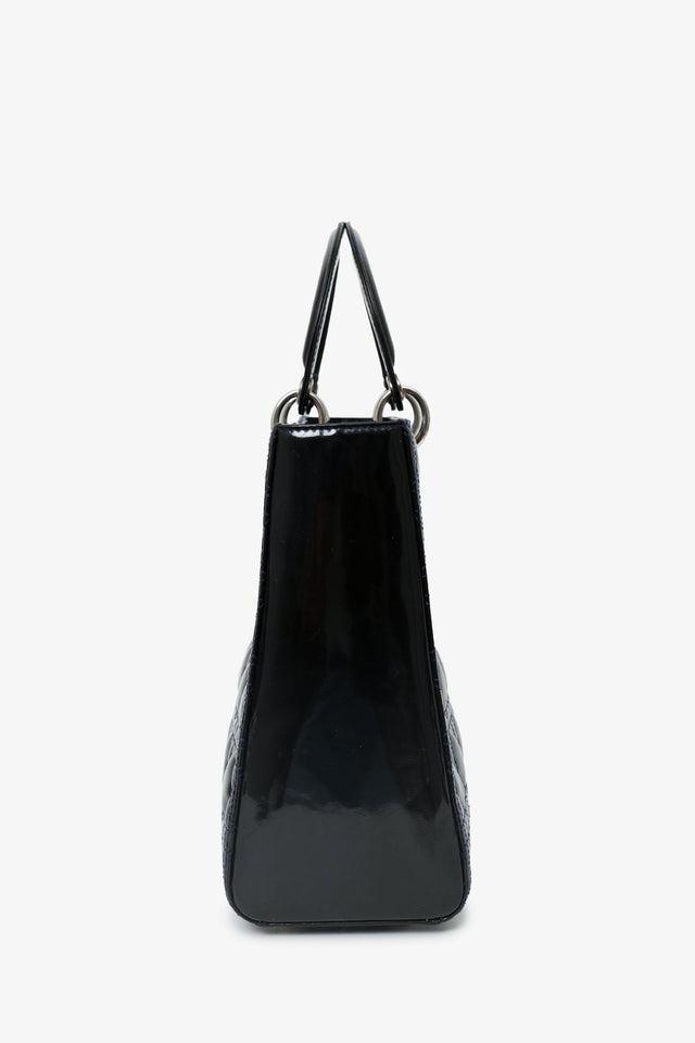 Christian Dior 2009 Black Patent Large Lady Dior Top Handle With Strap