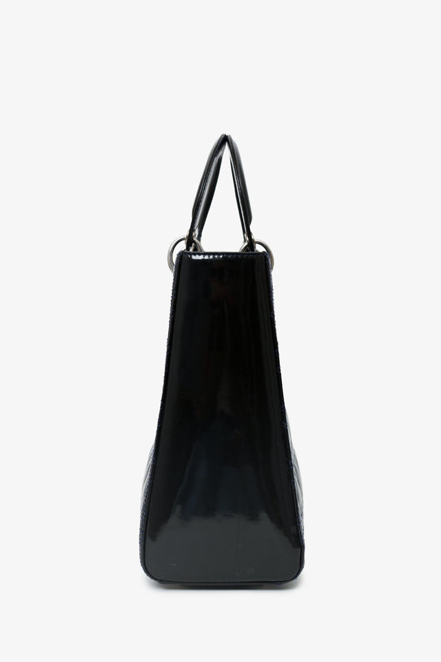 Christian Dior 2009 Black Patent Large Lady Dior Top Handle With Strap