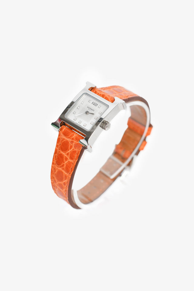 Hermes 2018 Orange Alligator Stainless Steel H Heure Watch
