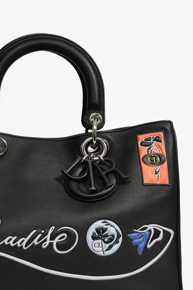 Christian Dior 2015 Black Leather 'Paradise' Diorissimo Medium Top Handle Bag