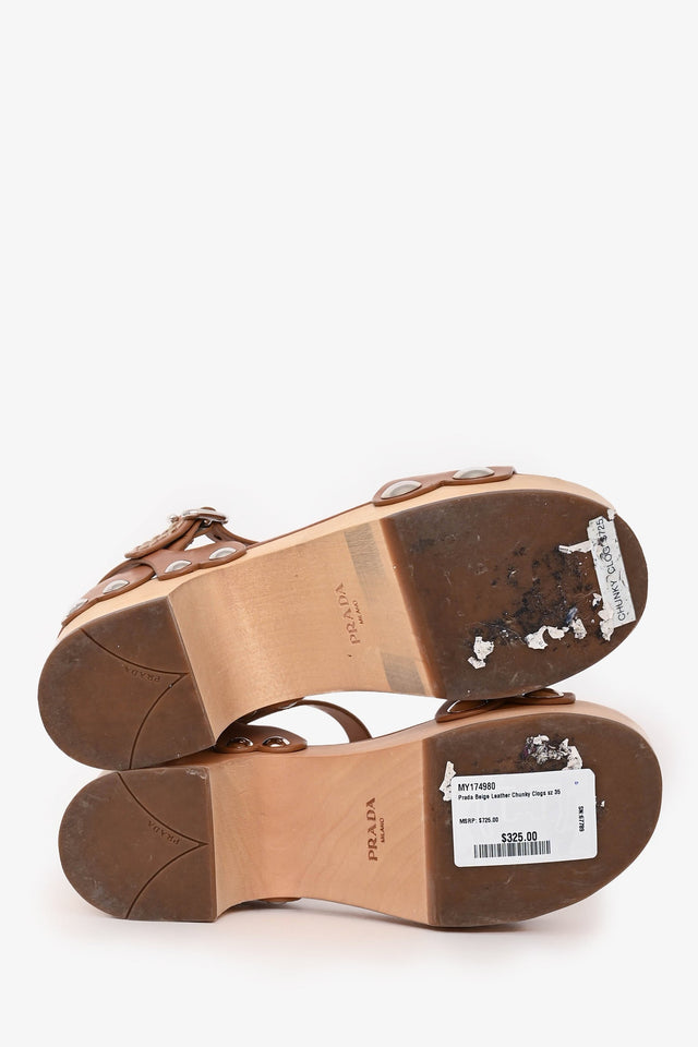 Prada Beige Leather Chunky Clogs Size 35