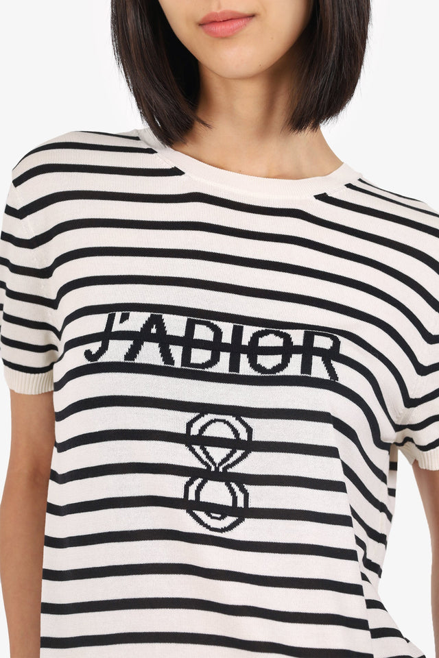 Christian Dior Black/White Silk Knit Striped 'J'ADior' Logo Short Sleeve Top Size 12