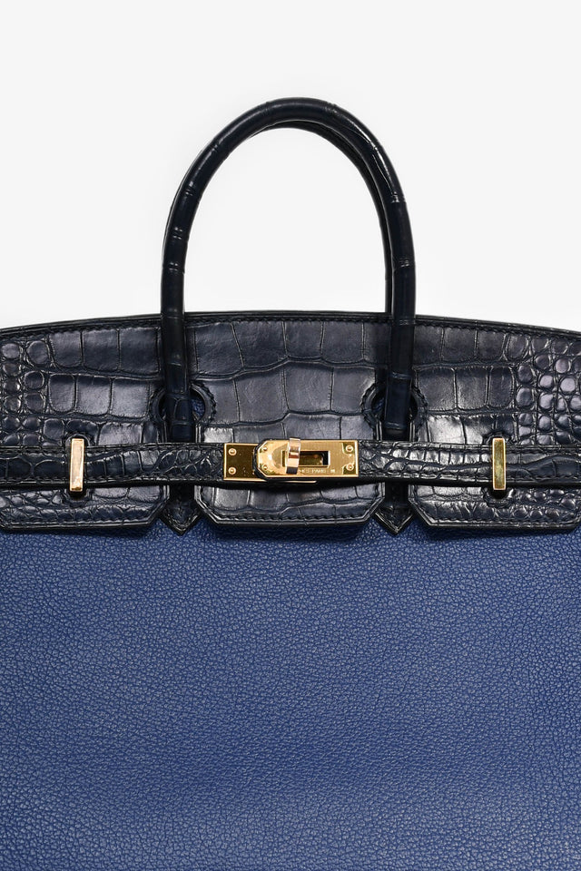 Hermes 2018 Blue Sapphire Taurillion Novillo And Blue Marine Matte Alligator Touch Birkin 25 RGHW