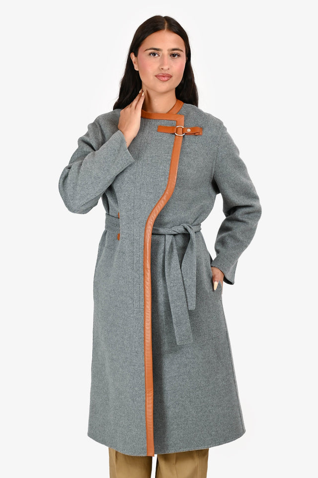 Hermes Grey Cashmere Brown Leather Detail Belted Midi Coat Size 38