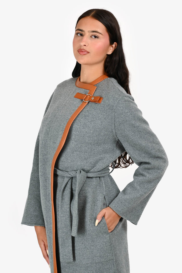 Hermes Grey Cashmere Brown Leather Detail Belted Midi Coat Size 38