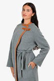 Hermes Grey Cashmere Brown Leather Detail Belted Midi Coat Size 38
