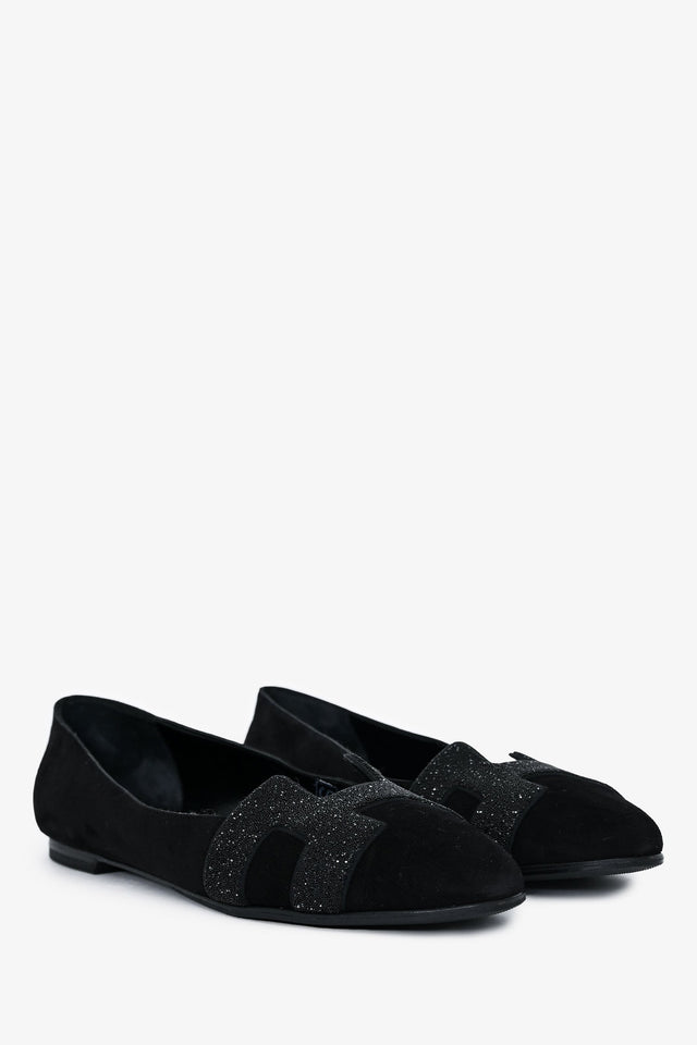 Hermes Black Suede Leather Crystal Embellished H Logo Nice Flats Size 40