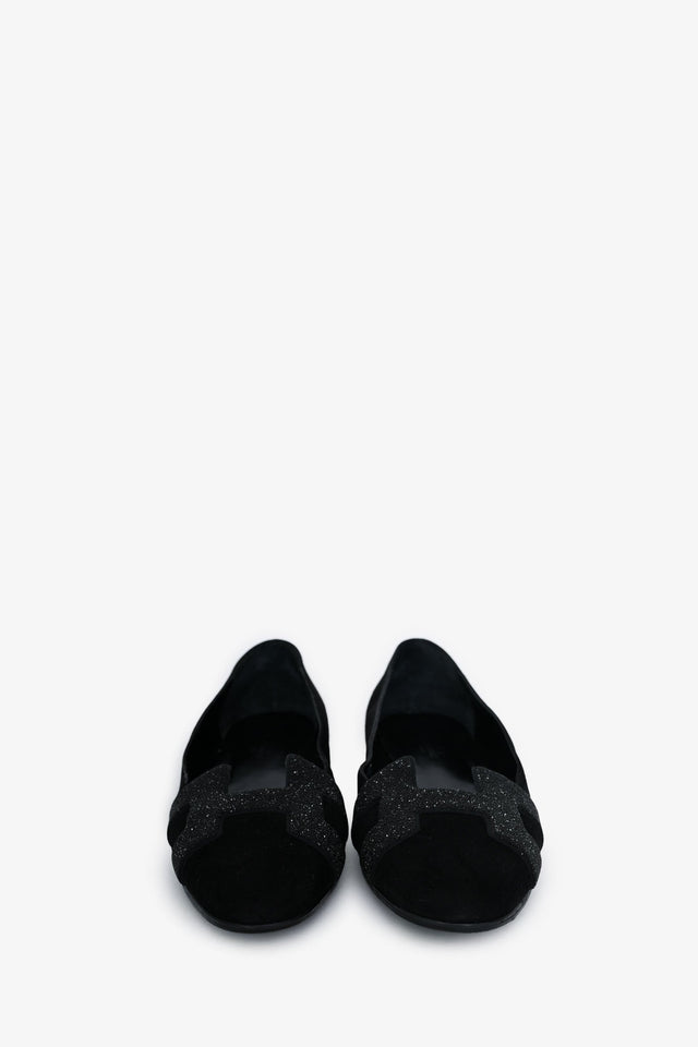Hermes Black Suede Leather Crystal Embellished H Logo Nice Flats Size 40