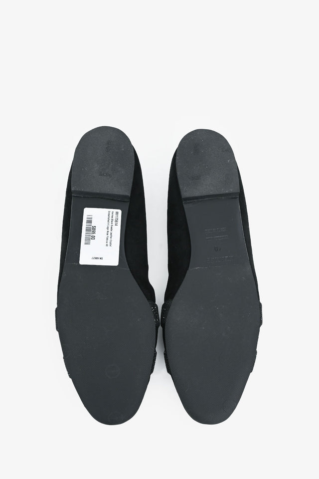 Hermes Black Suede Leather Crystal Embellished H Logo Nice Flats Size 40