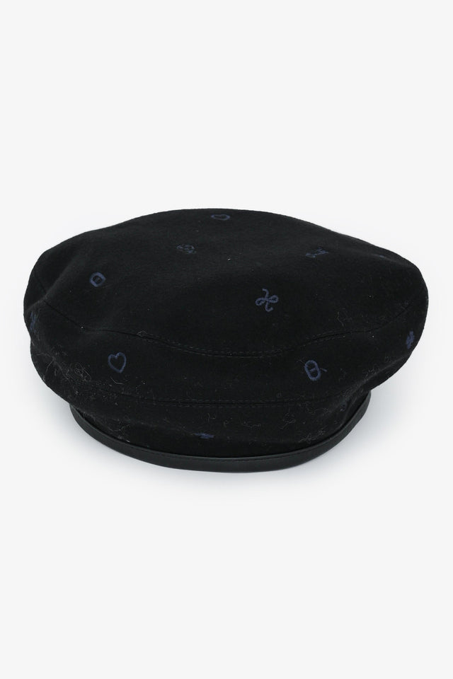 Hermes Black Cashmere Embroidered Patterned Beret Size 57