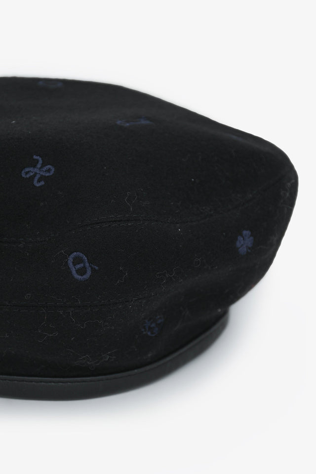 Hermes Black Cashmere Embroidered Patterned Beret Size 57