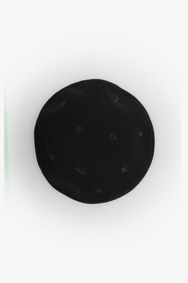 Hermes Black Cashmere Embroidered Patterned Beret Size 57
