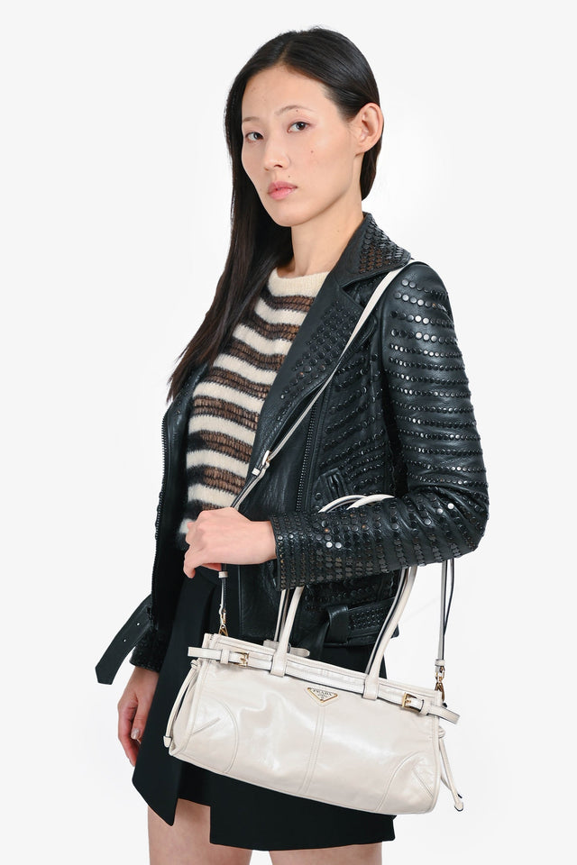 Prada White Leather 'Bonnie' Medium Shoulder Bag with Strap