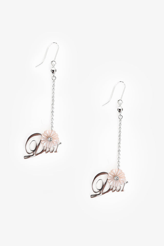 Christian Dior Silver Tone Metal Crystal Embellished Floral Logo Ear Pendants