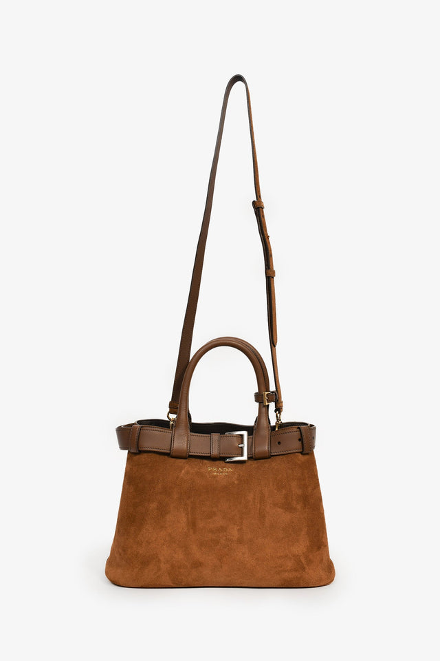 Prada Brown Suede/Leather Buckle Bag With Strap