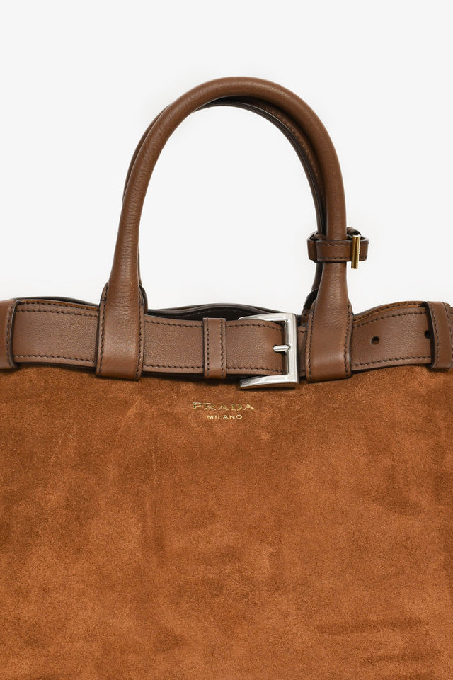 Prada Brown Suede/Leather Buckle Bag With Strap