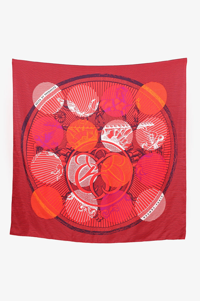 Hermes Red Silk Suite et Poursuite Scarf Size 140cm