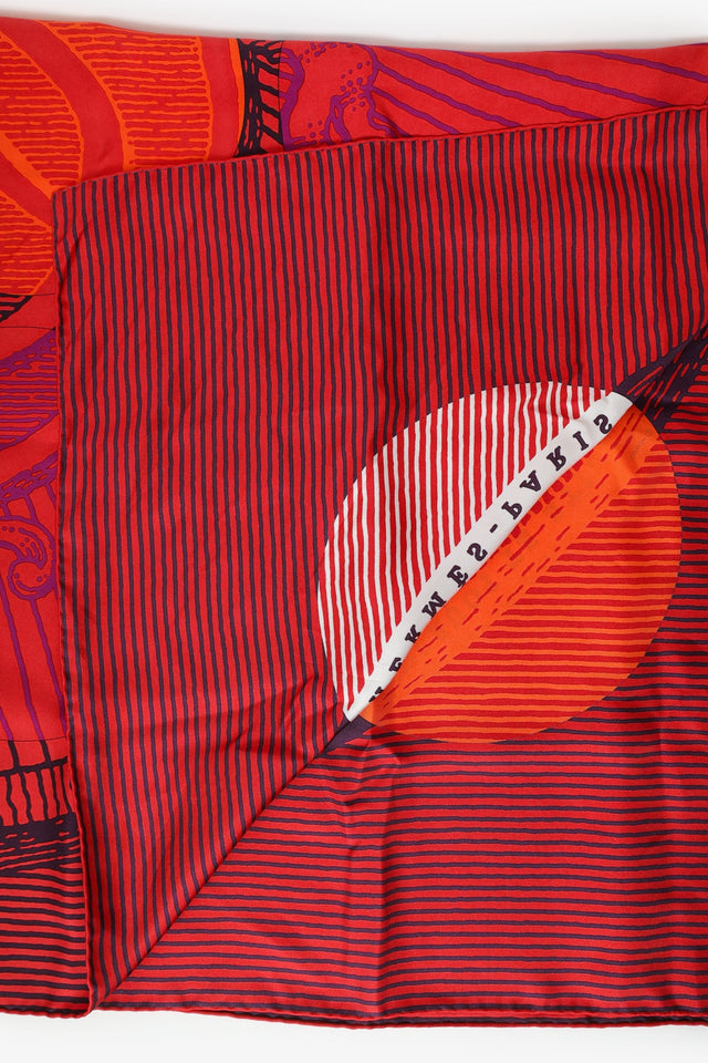 Hermes Red Silk Suite et Poursuite Scarf Size 140cm