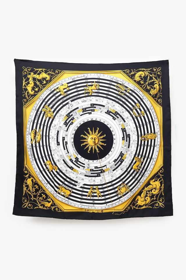 Hermes Black 'Astrologie Dies et Hore' Silk Scarf 90cm