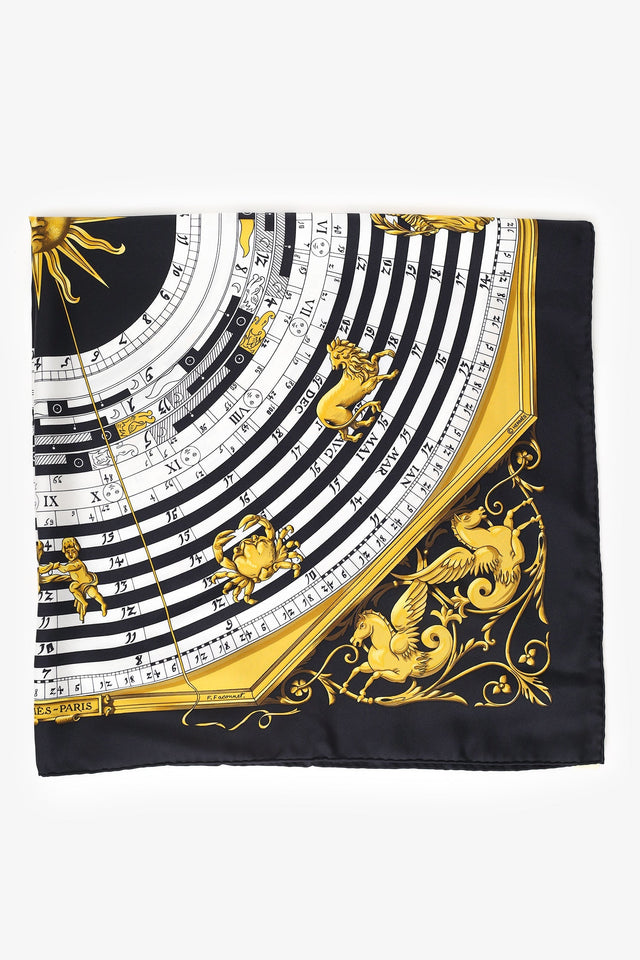 Hermes Black 'Astrologie Dies et Hore' Silk Scarf 90cm