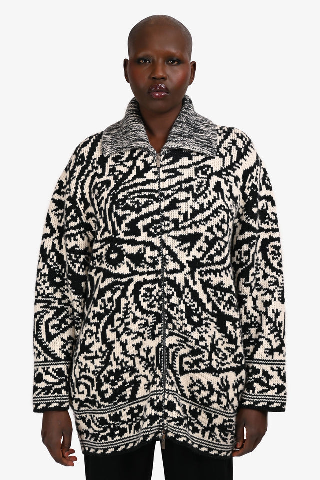 Christian Dior Black/White Wool/Cashmere Patterned Zip Up igan Size M