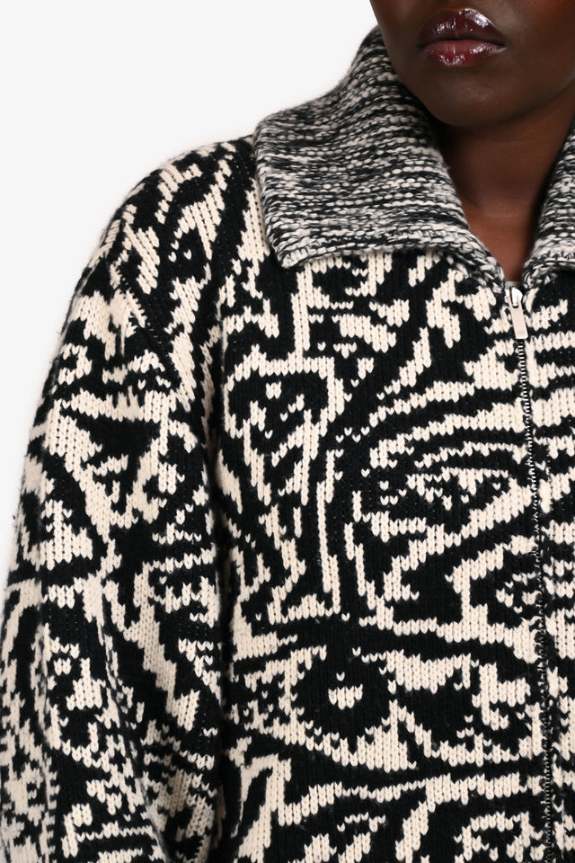 Christian Dior Black/White Wool/Cashmere Patterned Zip Up igan Size M