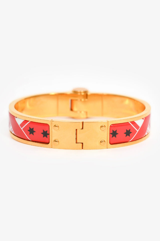 Hermes Red Eperon D'or Bandana Rouge Enamel Gold Plated Hinged Bracelet Size S