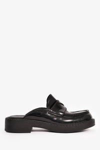 Prada Black Brushed Leather Plaque Mule Loafers Size 6 Mens