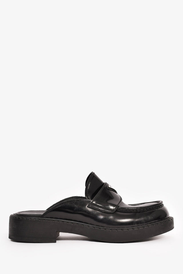 Prada Black Brushed Leather Plaque Mule Loafers Size 6 Mens