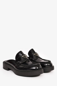 Prada Black Brushed Leather Plaque Mule Loafers Size 6 Mens