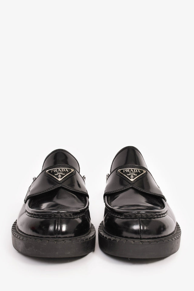 Prada Black Brushed Leather Plaque Mule Loafers Size 6 Mens