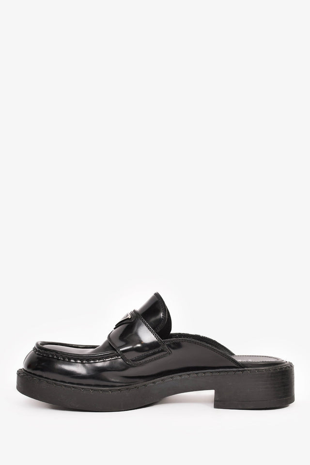 Prada Black Brushed Leather Plaque Mule Loafers Size 6 Mens