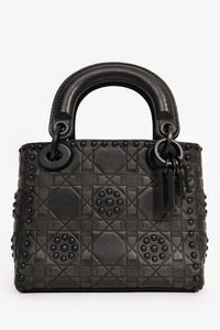 Christian Dior 2018 Black Embellished Cannage Mini Lady Dior Top Handle with Chain Strap