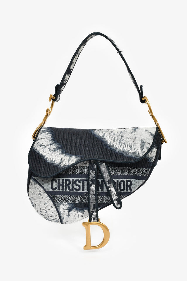 Christian Dior 2020 Navy Blue/White Embroidered Jacquard Saddle Bag