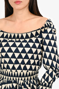 Prada Navy/White Cotton Triangle Pattern Knee Length Long Sleeve Dress Size 40