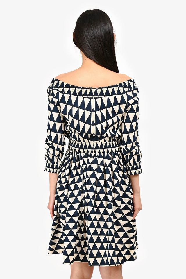 Prada Navy/White Cotton Triangle Pattern Knee Length Long Sleeve Dress Size 40