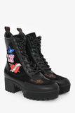 Louis Vuitton Black Suede Monogram Heart Patchwork Combat Boots Size 36.5