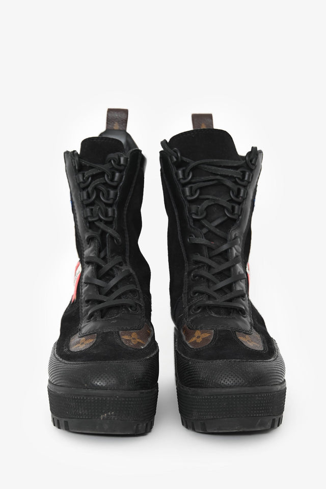 Louis Vuitton Black Suede Monogram Heart Patchwork Combat Boots Size 36.5
